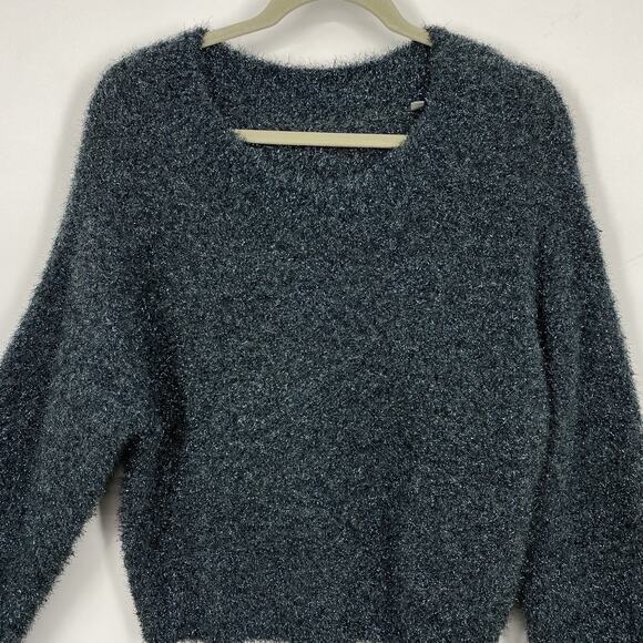 Vince Metallic Eyelash Knit Sweater Green Sparkle Crew Neck Fuzzy Women Medium - Picture 3 of 11